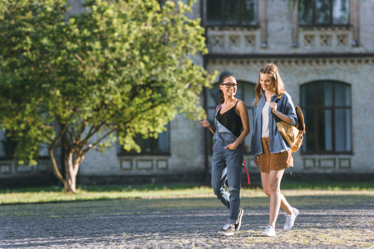 Multicultural students walking together and talking on campus